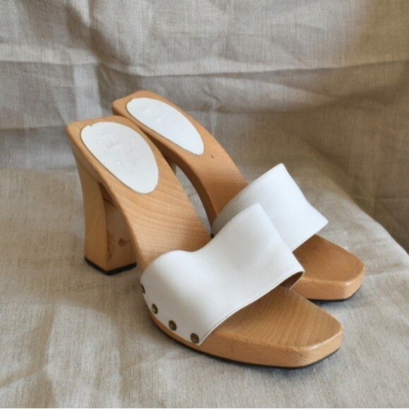 Vtg 90s Nicole Miller for Candies White Leather Wood Heel Slides Sz 8 - Picture 4 of 8